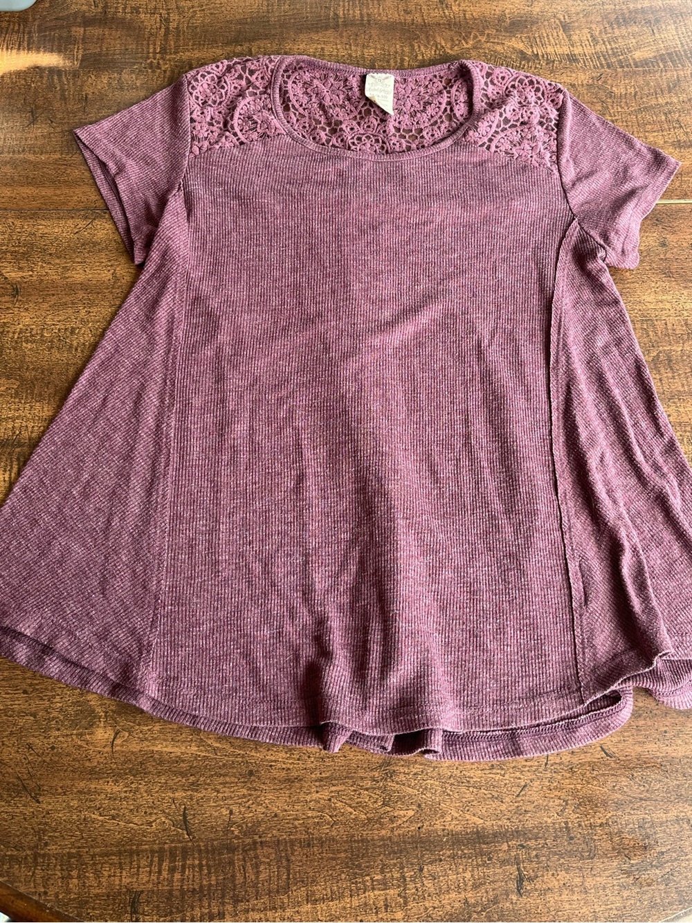 Faded Glory Short Sleeve Merlot Wine Ribbed Lace Yoke Top Women M 8-10 Boho Y2K